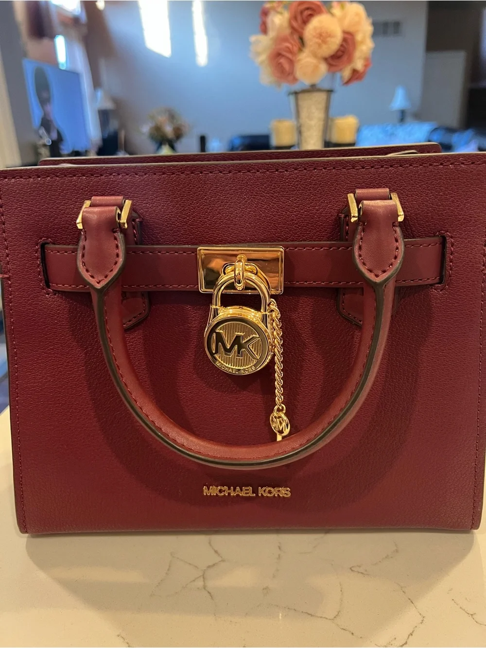 Michael Kors Wine Red Leather Satchel with Gold Hardware
